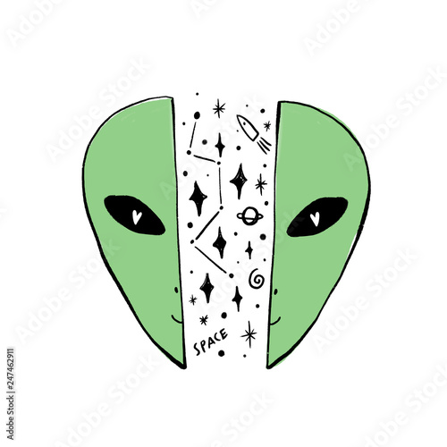 Green alien face. Hand drawn stylized temting contemporary art. Boho hipster drawing photo