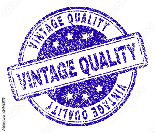 VINTAGE QUALITY stamp seal watermark with distress texture. Designed with rounded rectangles and circles. Blue vector rubber print of VINTAGE QUALITY label with unclean texture.