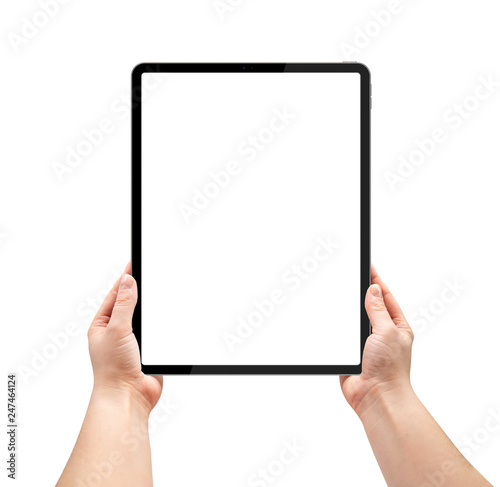 Woman is holding a tablet with a blank screen.