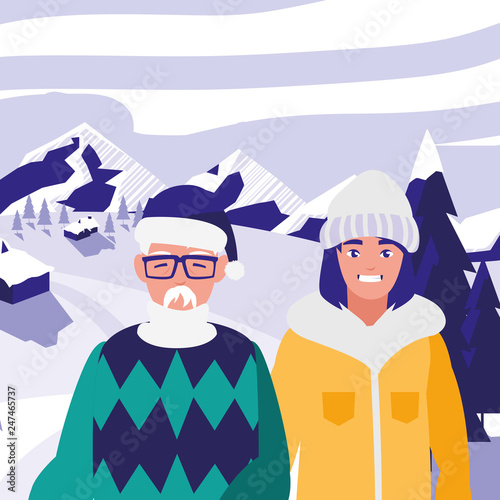 cute grandfather and daughter with winter clothes