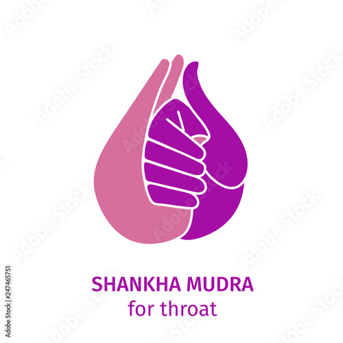 Element yoga shankha mudra hands. Vector illustration for a yoga studio, spa, postcards, souvenirs. Pink hand and purple hand in gesture. Hand drawn drawn colorful hands in meditation, for design