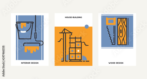 Builder vector building construction for newbuild backdrop outline industry illustration constructing industrial interior design buildup banner set of background