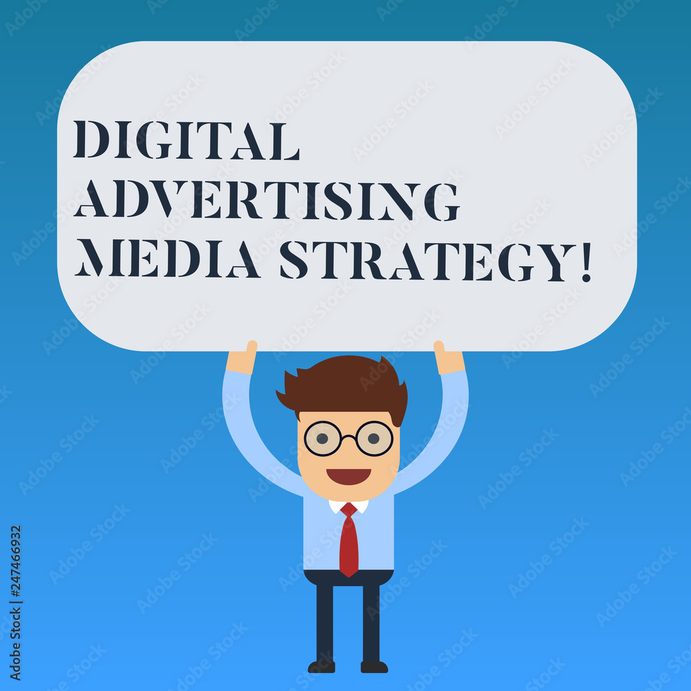 Writing note showing Digital Advertising Media Strategy. Business photo showcasing Search engine optimization promotion Man Standing Holding Above his Head Blank Rectangular Colored Board Writing note showing Digital Advertising Media Strategy. Business photo showcasing Search engine optimization promotion Man Standing Holding Above his Head Blank Rectangular Colored Board