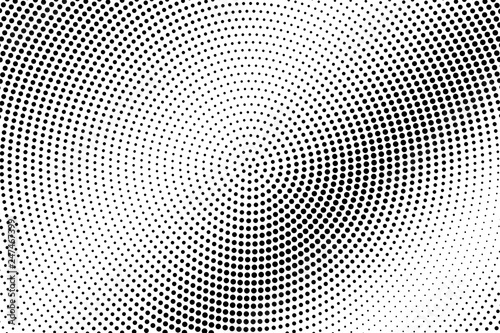 Black and white halftone vector. Diagonal dotted gradient. Round dotwork texture. Retro overlay