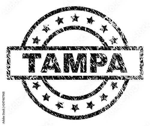 TAMPA stamp seal watermark with distress style. Designed with rectangle, circles and stars. Black vector rubber print of TAMPA text with scratched texture.