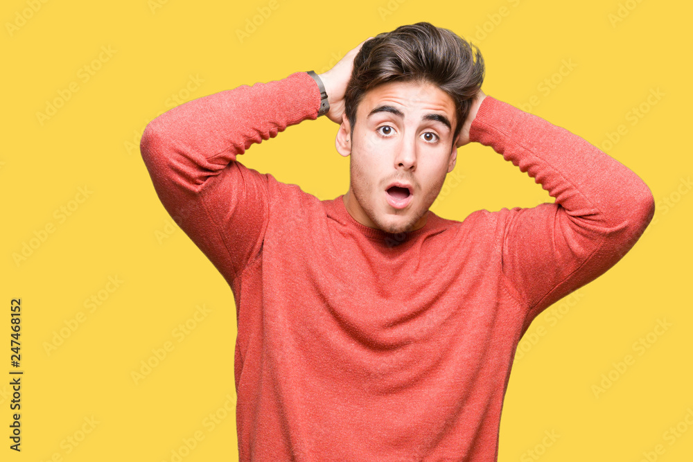 Young handsome man over isolated background Crazy and scared with hands on head, afraid and surprised of shock with open mouth Young handsome man over isolated background Crazy and scared with hands on head, afraid and surprised of shock with open mouth