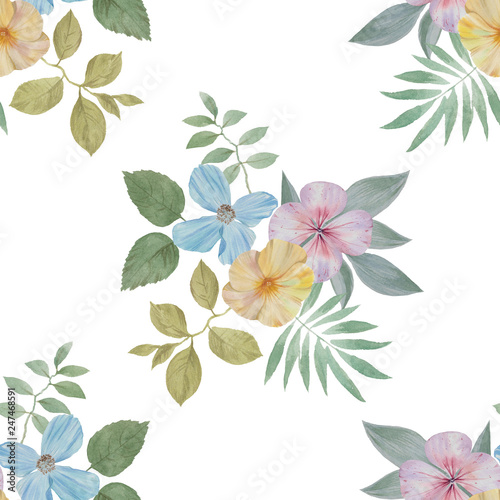Seamless watercolour pattern. Hand painted watercolor illustration. Seamless botanical watercolor exotic floral pattern. © Sergei