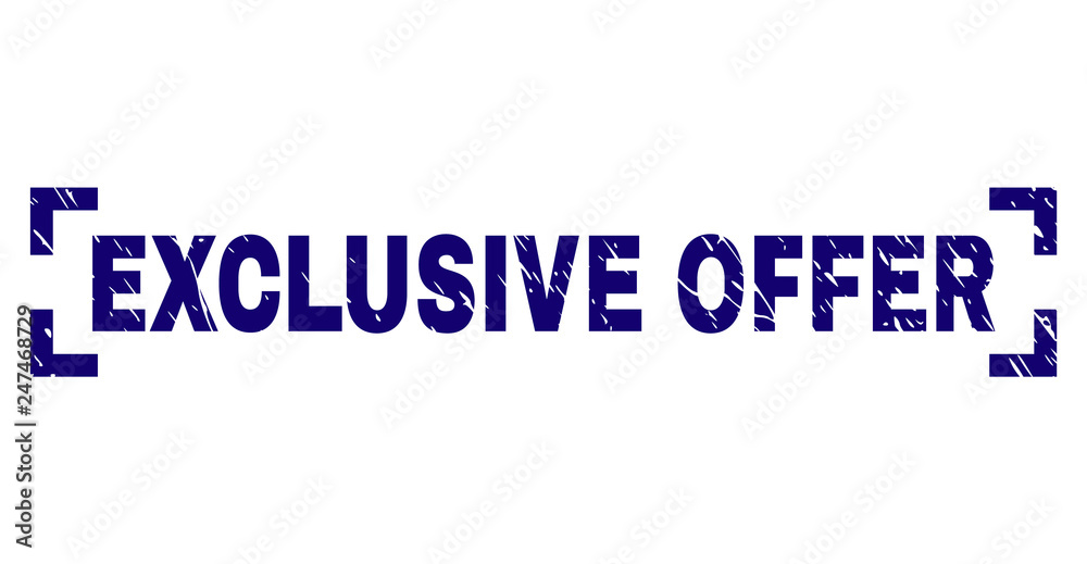 EXCLUSIVE OFFER text seal print with corroded texture. Text tag is placed inside corners. Blue vector rubber print of EXCLUSIVE OFFER with grunge texture.