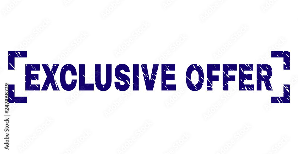 EXCLUSIVE OFFER text seal print with corroded texture. Text tag is placed inside corners. Blue vector rubber print of EXCLUSIVE OFFER with grunge texture. EXCLUSIVE OFFER text seal print with corroded texture. Text tag is placed inside corners. Blue vector rubber print of EXCLUSIVE OFFER with grunge texture.