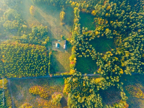 Farm or house in autumnal forest, top down aerial landscape