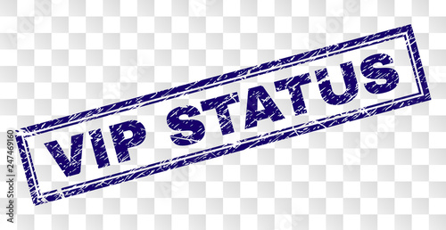 VIP STATUS stamp seal print with rubber print style and double framed rectangle shape. Stamp is placed on a transparent background. Blue vector rubber print of VIP STATUS tag with unclean texture.