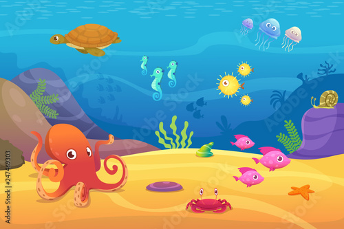 Fototapeta Naklejka Na Ścianę i Meble -  Underwater life. Aquarium cartoon fish ocean and sea animals vector background. Illustration of underwater sea with fish, octopus and jellyfish