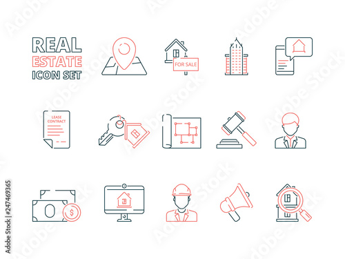 Real estate line icon. Building sale house realty business homeowner vector colored thin symbols. Illustration of building realty, house and key illustration