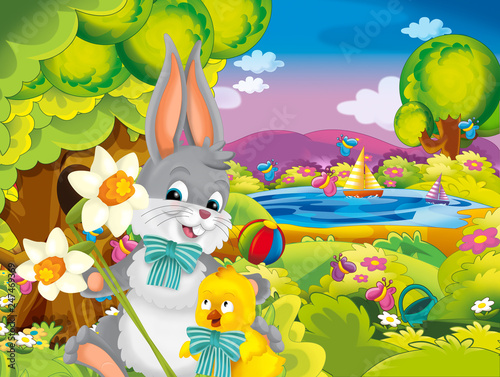 cartoon happy easter rabbit with beautiful flowers on nature spring background - illustration for children © honeyflavour