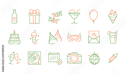 Party celebration icons. Fun events birthday games symbols fireworks food balloons entertainment vector pictures set. Illustration of birthday party and celebration entertainment