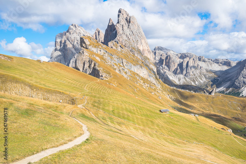Wonderful view of Seceda Mount Peak with Puez Odle massif in Dolomites  - Ortisei, Italy