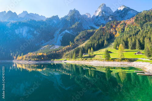 Beautiful autumn day in Vorderer Gosausee Lake - Gosau, Austria