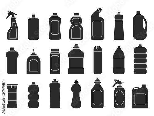 Cleaning bottles silhouettes. Laundry detergent chemical sanitary freshener tools for housework vector illustrations. Detergent container, chemical bottle black silhouette