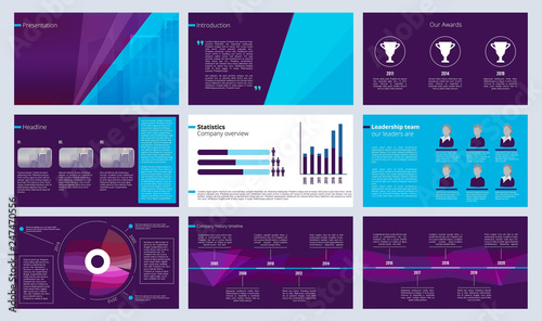 Slideshow template. Business magazine pages or annual report designs with colored abstract shapes and text vector. Illustration of leaflet project, slide template information