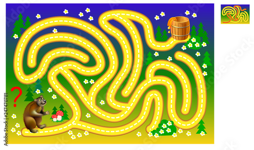 Logic puzzle game with labyrinth for children and adults. Help the bear find the way till the barrel with honey. Printable worksheet for baby book. Vector cartoon image.