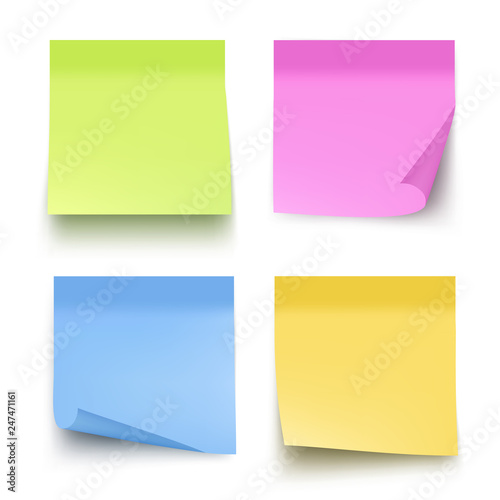 Sticky colored notes. Post note paper vector realistic pictures isolated. Illustration of memo message blank, reminder announcement