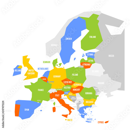 Political map of Europe with highlighted 28 European Union, EU, member states. Simple flat vector illustration