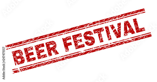 BEER FESTIVAL seal print with distress texture. Red vector rubber print of BEER FESTIVAL text with unclean texture. Text label is placed between double parallel lines.