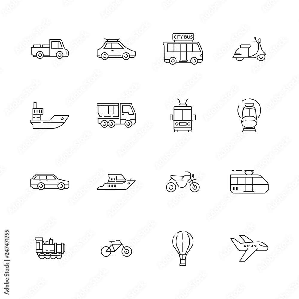 Public transport icons. Cars planes trains boats urban vehicles thin line collection symbols. Illustration of transport bus, train and plane Public transport icons. Cars planes trains boats urban vehicles thin line collection symbols. Illustration of transport bus, train and plane