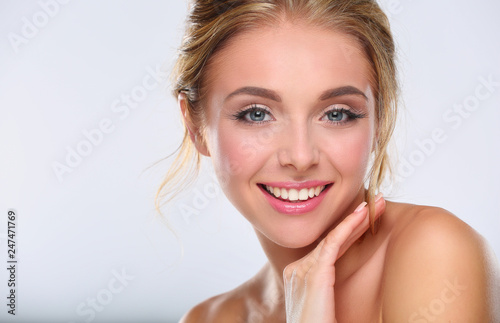 Portrait of beautiful woman on white background .