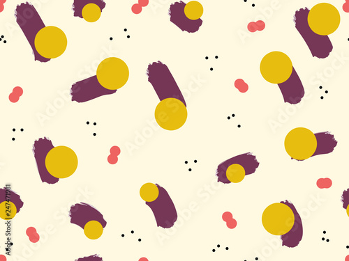 Cute hand drawn color vector seamless pattern. Pink, purple spots and black, yellow circles on white background. Unique abstract texture for invitations, cards, websites, wrapping paper, textile