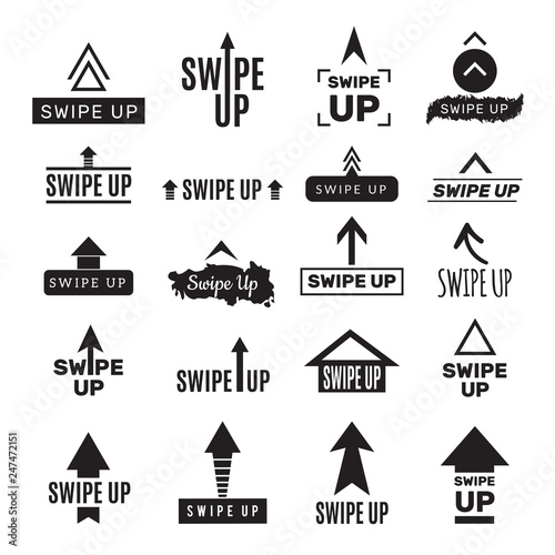 Swipe up template. App ui design for social media photo web service for bloggers vector black symbols. Black swipe up arrow for application illustration