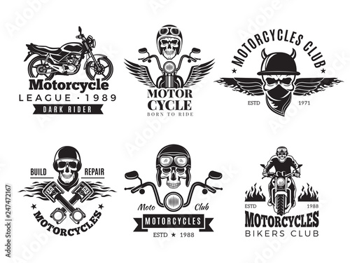 Biker labels. Vintage custom motorcycle and symbols for badges skull bike flags wheel bones engine fire vector road concept. Illustration of motorcycle emblem, biker and motor engine