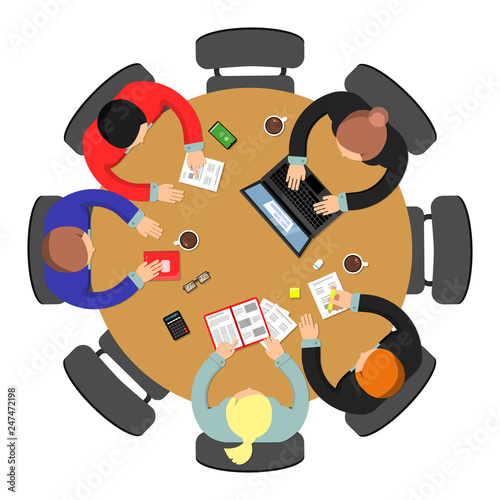 Office meeting top view. Conference group teamwork discussion at roundtable business vector concept. Illustration of office discussion group