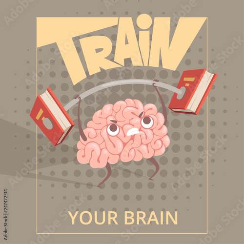 Sport brain poster. Cartoon mind making exercises power training vector placard. Illustration of education and training exercise for health brain