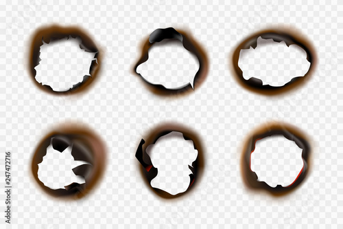 Burn paper holes. Fire damaged antique cardboard and white paper vector template. Hole burn collection, destroyed burnt illustration