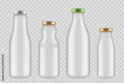 Jar glass bottles. Transparent packages for drinks juice and liquid food glassware empty vector mock up. Illustration of bottle glass for drink