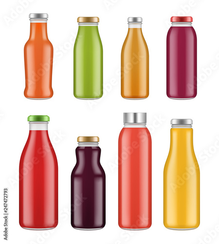 Juice bottles. Transparent jar and packages for colored liquid food and drinks vector mockup. Bottle with colored juice, drink beverage illustration