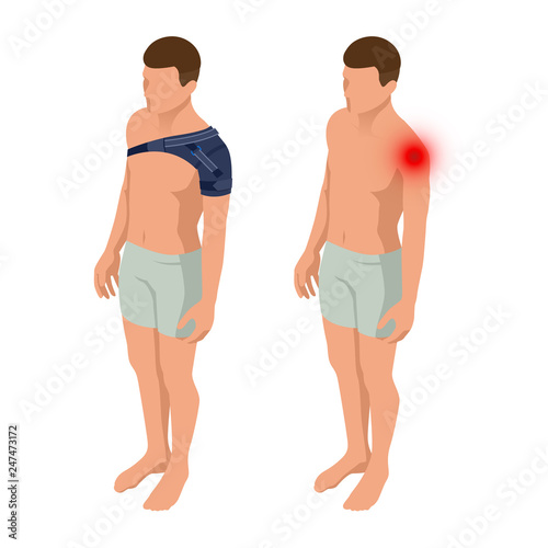 Shoulder pain or sprains of the shoulder joint. Anatomical body of a man. Rehabilitation after trauma. Orthopedics and medicine. Isometric Vector illustration