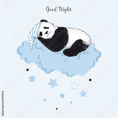 sweet dreams panda on cloud wearing sleeping hat illustration vector for nursery baby boy print design