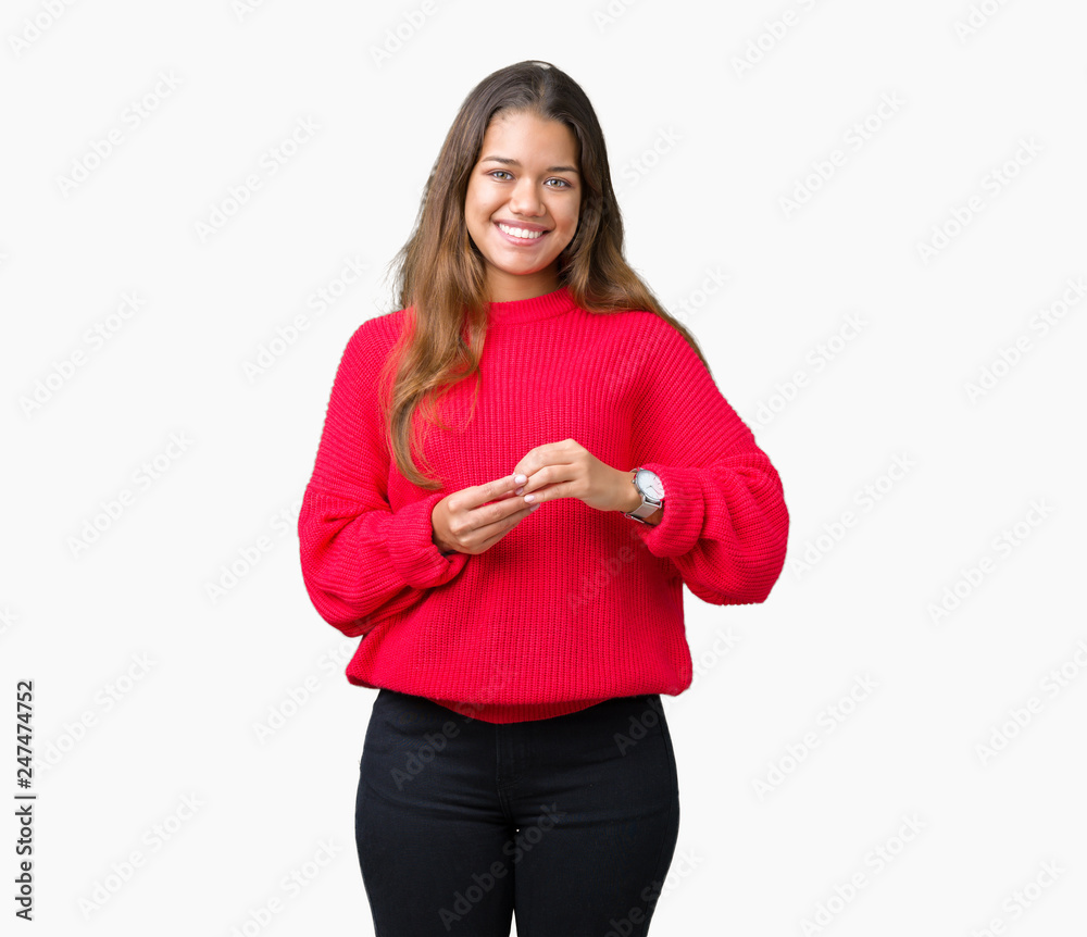 Young beautiful brunette woman wearing red winter sweater over isolated background Hands together and fingers crossed smiling relaxed and cheerful. Success and optimistic Young beautiful brunette woman wearing red winter sweater over isolated background Hands together and fingers crossed smiling relaxed and cheerful. Success and optimistic