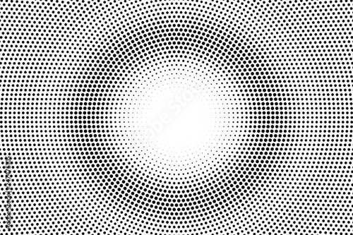 Black and white halftone vector texture. Circular dotted gradient. Centered dotwork surface. Vintage effect overlay