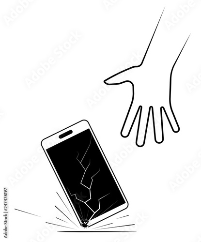 broken phone in hand. thin line style trend modern simple graphic contour concept of damaged cellular phone in human arm or telephone repair service