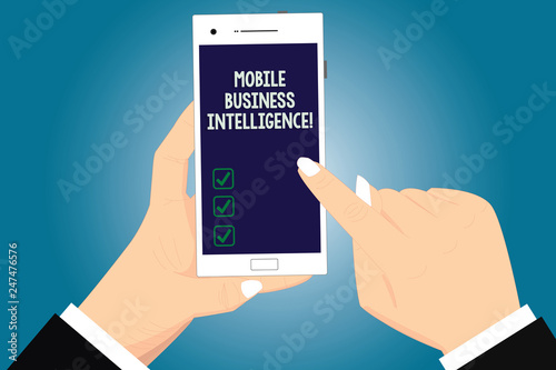 Text sign showing Mobile Business Intelligence. Conceptual photo ability to provide business services to mobile Hu analysis Hands Holding Pointing Touching Smartphone Blank Color Screen