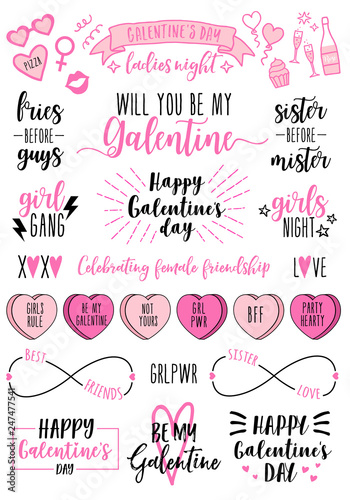 Galentines day cards, women's day, feminist doodles, vector design elements