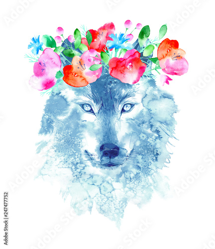 Wolf and floral wreath. image of a wild animal. Watercolor hand drawn illustration. photo