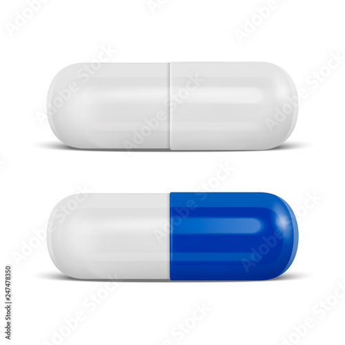 Vector 3d Realistic Blue Medical Pill Icon Set Closeup Isolated on White Background. Design Template of Pills, Capsules for Graphics, Mockup. Medical and Healthcare Concept. Front View
