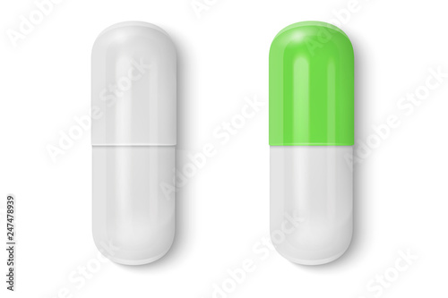 Vector 3d Realistic White and Green Medical Pill Icon Set Closeup Isolated on White Background. Design template of Pills, Capsules for graphics, Mockup. Medical and Healthcare Concept. Top View