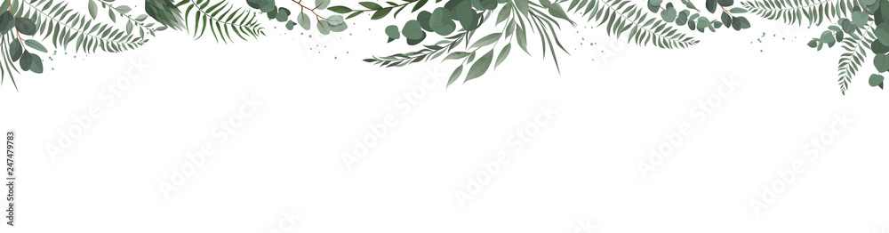 Horisontal botanical vector design banner. Pink rose, eucalyptus, succulents, flowers, greenery. Natural spring card or frame.