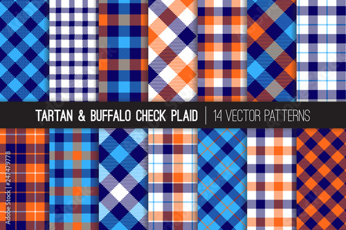 Navy, Blue, White and Orange Tartan and Buffalo Check Plaid Vector Patterns. Hipster Lumberjack Flannel Shirt Fabric Textures. Summer Men's Fashion.Pattern Tile Swatches Included.