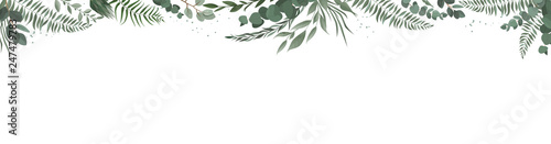 Horisontal botanical vector design banner. Pink rose, eucalyptus, succulents, flowers, greenery. Natural spring card or frame. photo